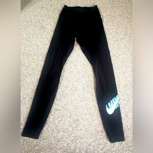Women’s like new black baby blue Nike logo cotton leggings XS XXS swoosh